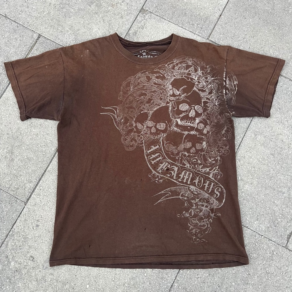 Infamous Mens Brown Skull Graphic T-Shirt Distressed Y2K Grunge Tee Medium